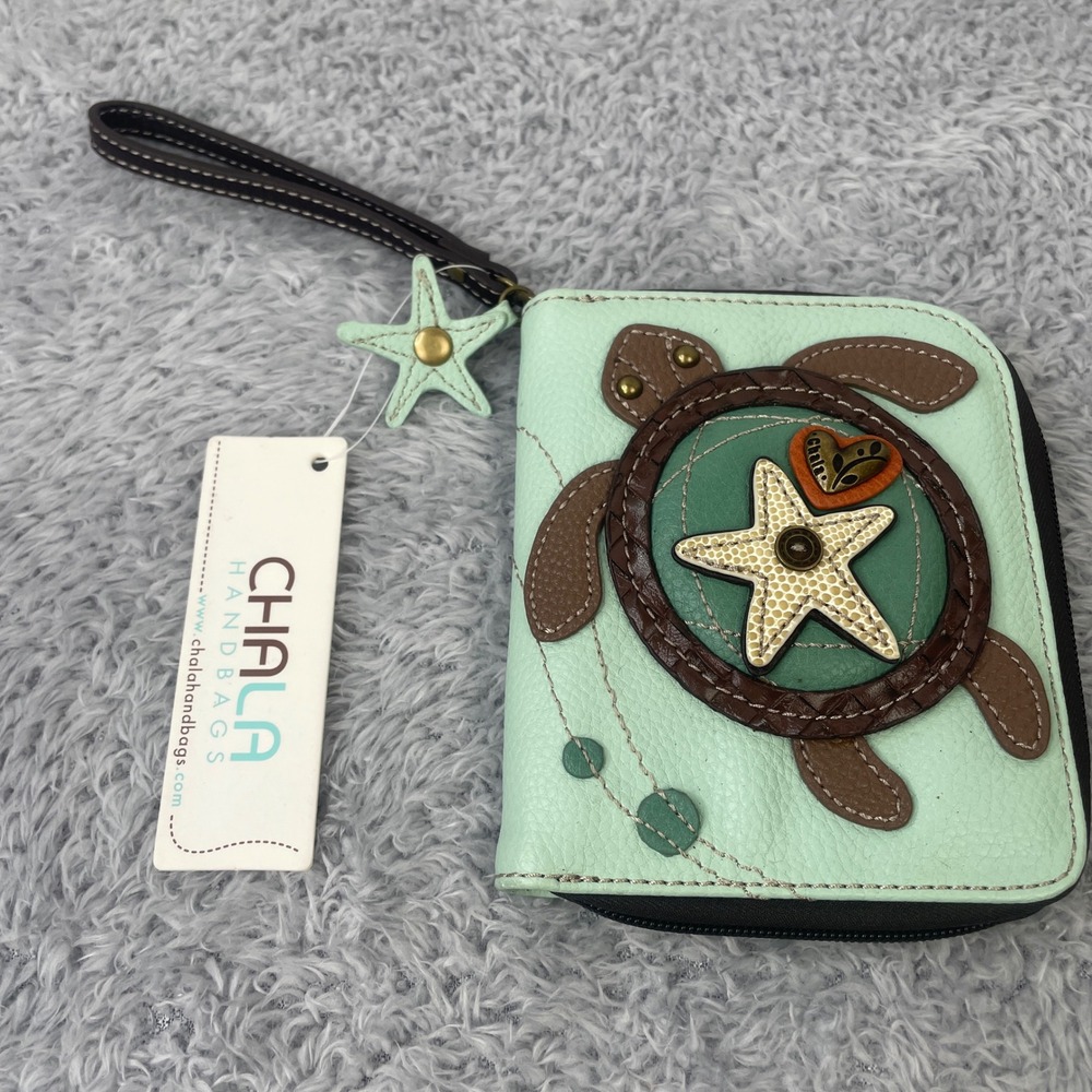 Chala Sea Turtle Zip Around Wallet Womens Small Teal Starfish Wristlet NWT